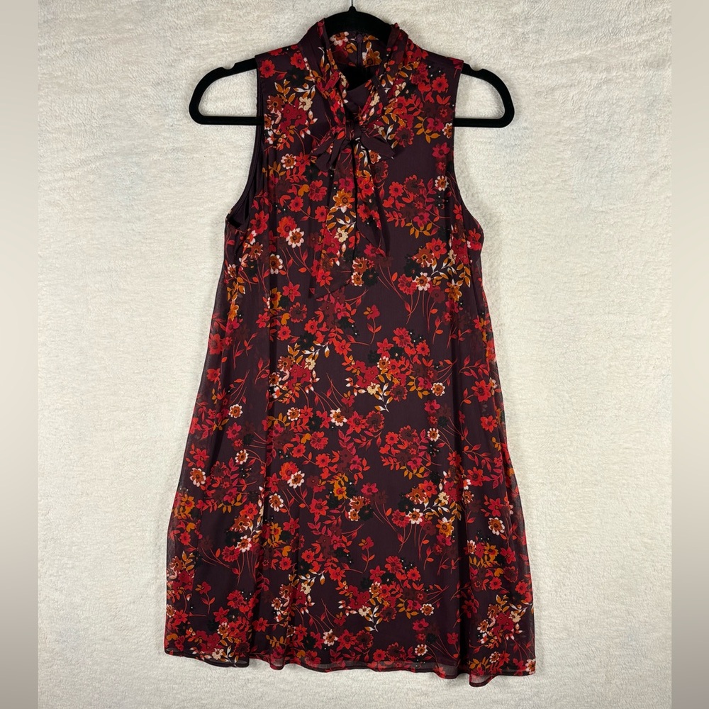 Calvin Klein Floral A-Line Mock Neck Sleeveless Dress Size 4 Purple Red Orange